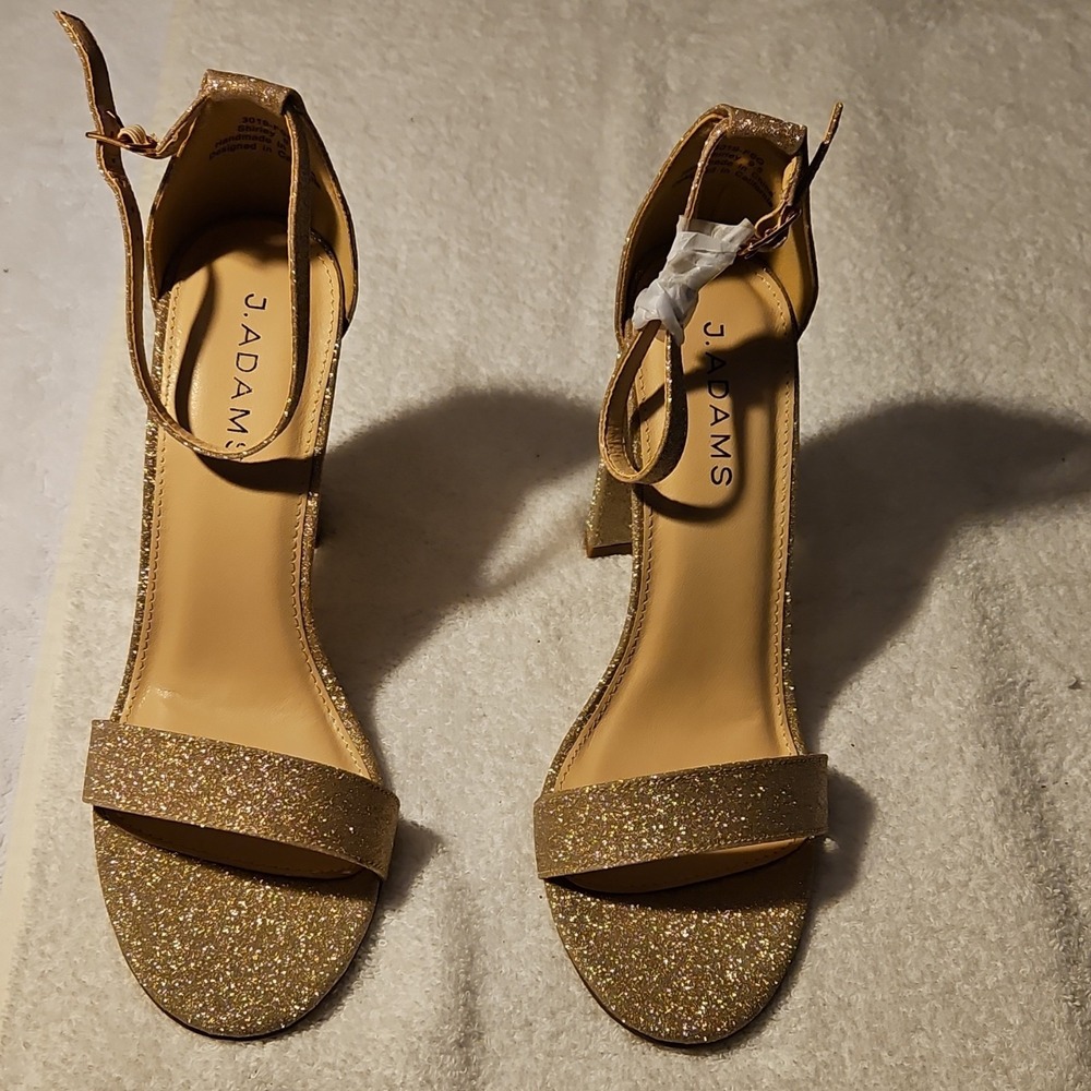 J. Adams Gold Glitter Strappy Block Heel Ankle Strap Open Toe Buckle Size 9.5